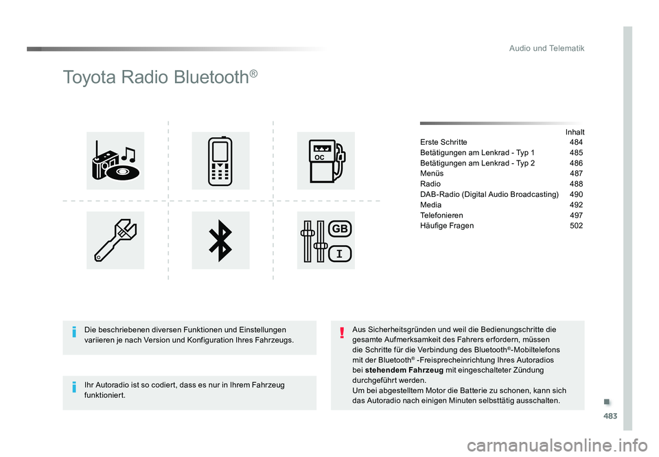 TOYOTA PROACE 2018  Betriebsanleitungen (in German) .
483
Audio und Telematik
Jumpy_de_Chap10d_RD6_ed01-2016
Toyota Radio Bluetooth®
Inhalt
Erste Schritte  484
Betätigungen am Lenkrad - Typ 1  485
Betätigungen am Lenkrad - Typ 2  486
Menüs   487
Ra