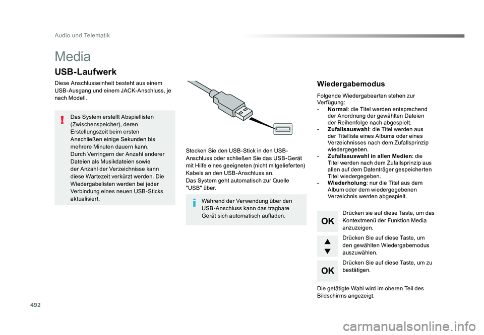 TOYOTA PROACE 2016  Betriebsanleitungen (in German) 492
Audio und Telematik
Jumpy_de_Chap10d_RD6_ed01-2016
Media
USB-Laufwerk
Diese Anschlusseinheit besteht aus einem 
USB-Ausgang und einem JACK-Anschluss, je 
nach Modell.Stecken Sie den USB-Stick in d