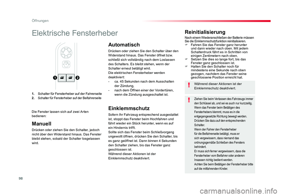 TOYOTA PROACE 2018 Betriebsanleitungen (in German) 98
Öffnungen
Jumpy _de_Chap02_ouvertures_ed01-2016
1. Schalter für Fensterheber auf der Fahrerseite
2. Schalter für Fensterheber auf der Beifahrerseite
Reinitialisierung
Nach einem Wiederanschlie TOYOTA PROACE 2018 Betriebsanleitungen (in German) 98
Öffnungen
Jumpy _de_Chap02_ouvertures_ed01-2016
1. Schalter für Fensterheber auf der Fahrerseite
2. Schalter für Fensterheber auf der Beifahrerseite
Reinitialisierung
Nach einem Wiederanschlie
