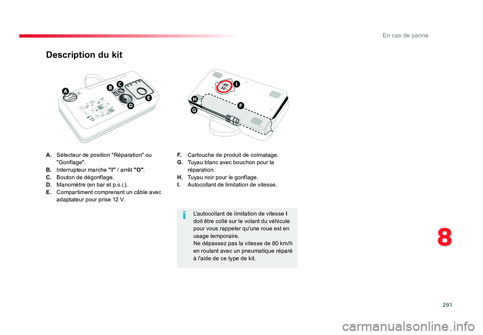 TOYOTA PROACE 2018  Manuel du propriétaire (in French) 291
8
En cas de panne
A. Sélecteur de position "Réparation" ou 
"Gonflage".
B.  Interrupteur marche  "I" / arrêt  "O".
C.  Bouton de dégonflage.
D.   Manomètre (en