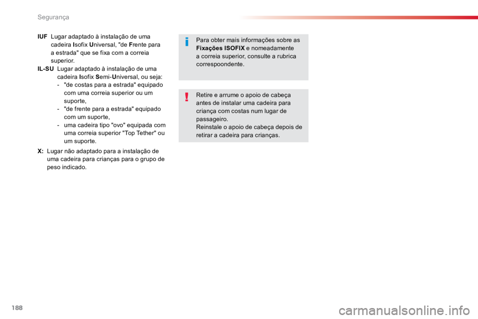 TOYOTA PROACE 2018  Manual de utilização (in Portuguese) 188
ProaceVerso_pt_Chap05_securite_ed01-2016
IUF   Lugar adaptado à instalação de uma 
cadeira I sofix Universal, "de F rente para 
a estrada" que se fixa com a correia 
superior.
IL- SU   