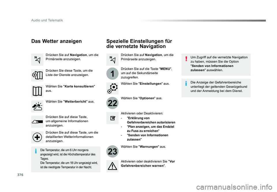 TOYOTA PROACE 2017  Betriebsanleitungen (in German) 376
22
23
1
Audio und Telematik
Jumpy_de_Chap10b_NAC-1_ed01-2016
Spezielle Einstellungen für 
die vernetzte Navigation
Um Zugriff auf die vernetzte Navigation 
zu haben, müssen Sie die Option 
"