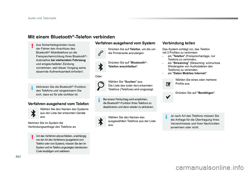 TOYOTA PROACE 2017  Betriebsanleitungen (in German) 462
Audio und Telematik
Jumpy_de_Chap10c_RCC-1_ed01-2016
Mit einem Bluetooth®-Telefon verbinden
Aus Sicherheitsgründen muss 
der Fahrer den Anschluss des 
Bluetooth
®-Mobiltelefons an die 
Freispre