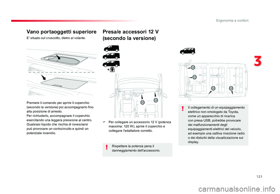 TOYOTA PROACE 2016 Manuale duso (in Italian) 121
3
Ergonomia e confort
Jumpy _it_Chap03_ergonomie-et-confort_ed01-2016
Vano portaoggetti superiore
E' situato sul cruscotto, dietro al volante.
Premere il comando per aprire il coperchio
(seco TOYOTA PROACE 2016 Manuale duso (in Italian) 121
3
Ergonomia e confort
Jumpy _it_Chap03_ergonomie-et-confort_ed01-2016
Vano portaoggetti superiore
E' situato sul cruscotto, dietro al volante.
Premere il comando per aprire il coperchio
(seco
