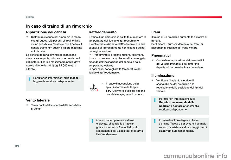 TOYOTA PROACE 2016 Manuale duso (in Italian) 198
Guida
Jumpy _it_Chap06_conduite_ed01-2016
In caso di traino di un rimorchio
Ripartizione dei carichi
F Distribuire il carico nel rimorchio in modo che gli oggetti più pesanti si trovino il più TOYOTA PROACE 2016 Manuale duso (in Italian) 198
Guida
Jumpy _it_Chap06_conduite_ed01-2016
In caso di traino di un rimorchio
Ripartizione dei carichi
F Distribuire il carico nel rimorchio in modo che gli oggetti più pesanti si trovino il più