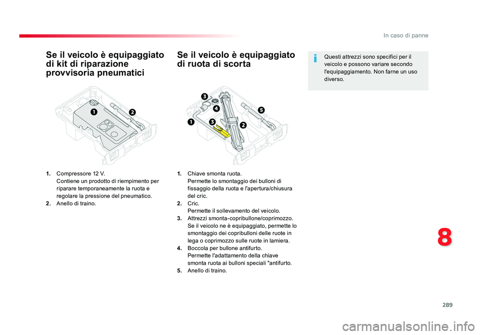 TOYOTA PROACE 2016  Manuale duso (in Italian) 289
8
In caso di panne
Jumpy _it_Chap08_En-cas-de-panne_ed01-2016
Se il veicolo è equipaggiato 
di kit di riparazione 
provvisoria pneumatici
1.  Compressore 12  V.
  Contiene un prodotto di riempime