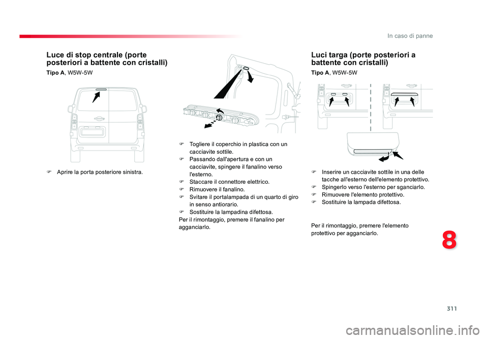 TOYOTA PROACE 2016  Manuale duso (in Italian) 311
8
In caso di panne
Jumpy _it_Chap08_En-cas-de-panne_ed01-2016
Luci targa (porte posteriori a 
battente con cristalli)
Tipo A, W5W-5W
F  Togliere il coperchio in plastica con un  cacciavite sottile