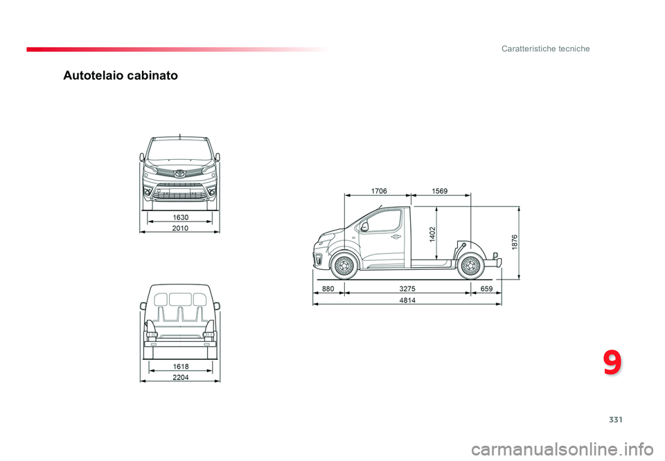 TOYOTA PROACE 2016  Manuale duso (in Italian) 331
9
Caratteristiche tecniche
Jumpy _it_Chap09_caracteristiques-techniques_ed01-2016
Autotelaio cabinato
Proace_IT.indb   33120/07/2016   09:19 