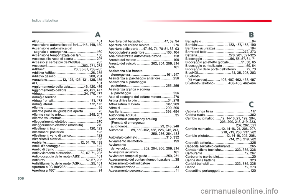TOYOTA PROACE 2016 Manuale duso (in Italian) 506
Indice alfabetico
Jumpy_it_Chap11_index-alpha_ed01-2016
ABS ............................................................... 161
Accensione automatica dei fari .... 146, 149 , 150
Accensione automa TOYOTA PROACE 2016 Manuale duso (in Italian) 506
Indice alfabetico
Jumpy_it_Chap11_index-alpha_ed01-2016
ABS ............................................................... 161
Accensione automatica dei fari .... 146, 149 , 150
Accensione automa