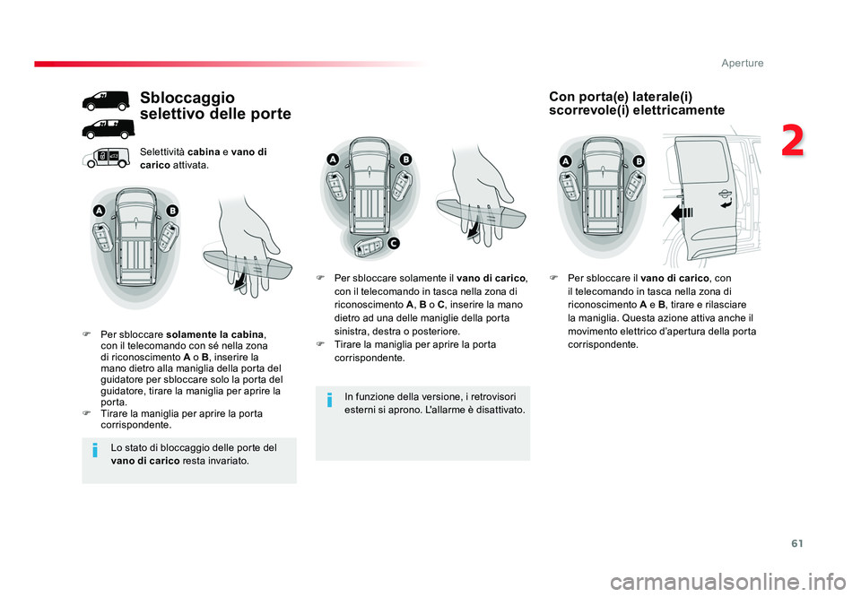 TOYOTA PROACE 2016 Manuale duso (in Italian) 61
2
Aperture
Jumpy _it_Chap02_ouvertures_ed01-2016
In funzione della versione, i retrovisori
esterni si aprono. L'allarme è disattivato.
Selettività cabina
e vano di
carico attivata.
Sblocc TOYOTA PROACE 2016 Manuale duso (in Italian) 61
2
Aperture
Jumpy _it_Chap02_ouvertures_ed01-2016
In funzione della versione, i retrovisori
esterni si aprono. L'allarme è disattivato.
Selettività cabina
e vano di
carico attivata.
Sblocc