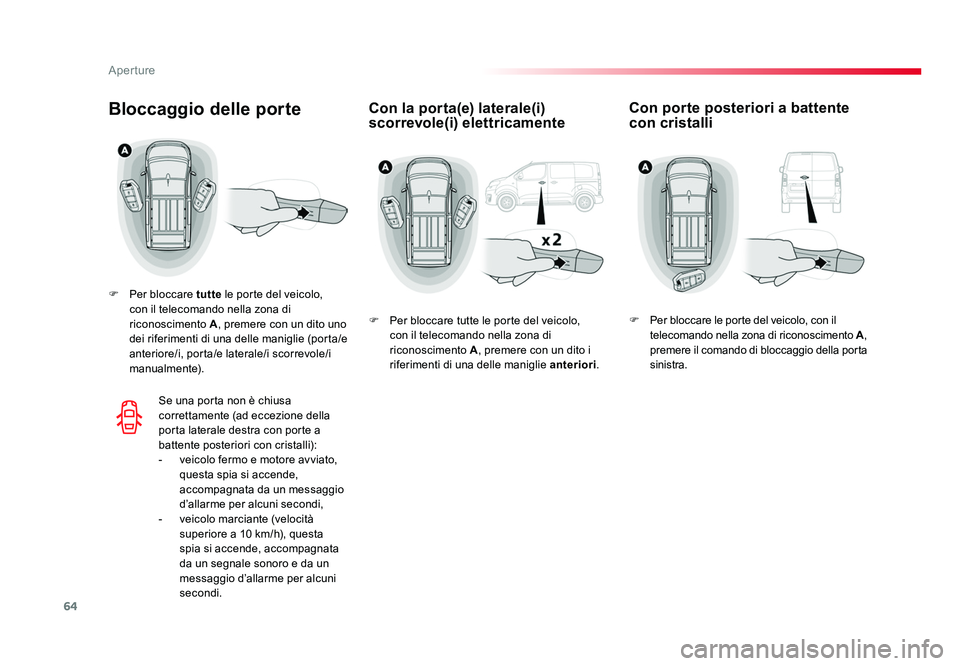 TOYOTA PROACE 2016 Manuale duso (in Italian) 64
Aperture
Jumpy _it_Chap02_ouvertures_ed01-2016
Con la porta(e) laterale(i)
scorrevole(i) elettricamenteBloccaggio delle porte
F Per bloccare tutte le porte del veicolo,
con il telecomando nella TOYOTA PROACE 2016 Manuale duso (in Italian) 64
Aperture
Jumpy _it_Chap02_ouvertures_ed01-2016
Con la porta(e) laterale(i)
scorrevole(i) elettricamenteBloccaggio delle porte
F Per bloccare tutte le porte del veicolo,
con il telecomando nella