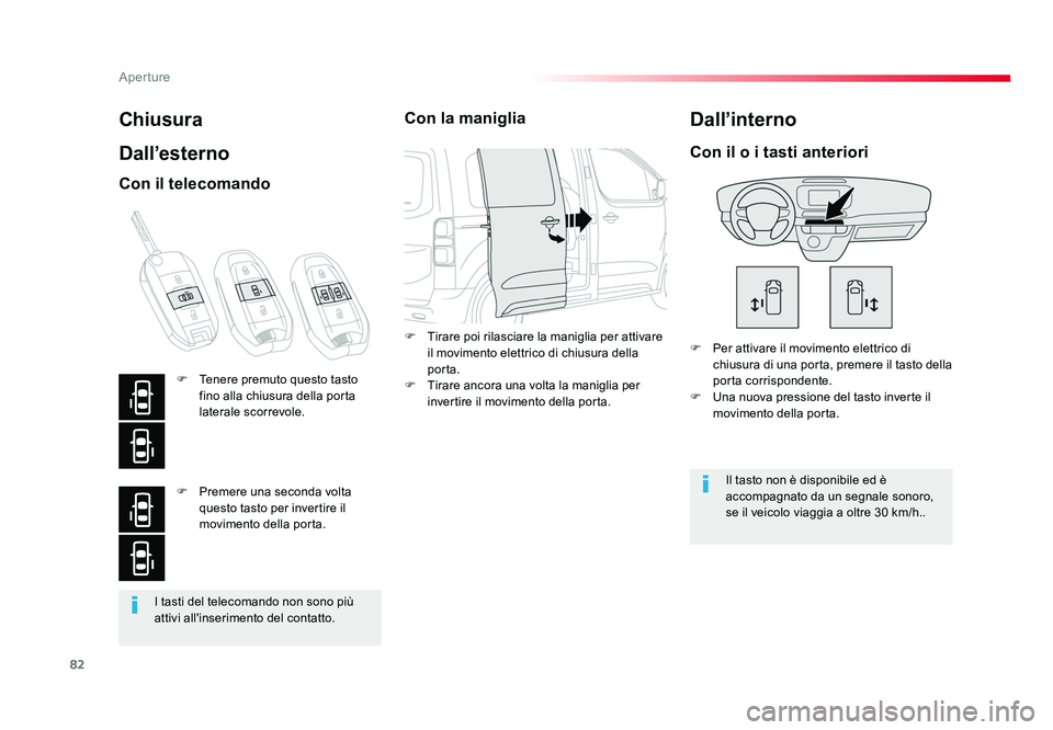 TOYOTA PROACE 2016  Manuale duso (in Italian) 82
Aperture
Jumpy _it_Chap02_ouvertures_ed01-2016
I tasti del telecomando non sono più 
attivi all'inserimento del contatto.
Chiusura
Dall’esterno
F  Per attivare il movimento elettrico di chiu