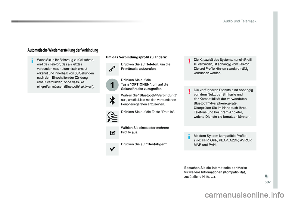 TOYOTA PROACE VERSO 2017  Betriebsanleitungen (in German) .
397
1
Audio und Telematik
Proace_Verso_de_Chap10b_NAC-1_ed01-2016
Drücken Sie auf Telefon, um die 
Primärseite aufzurufen.
Wählen Sie " Bluetooth
®-Verbindung " 
aus, um die Liste mit de