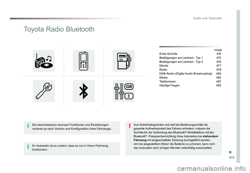TOYOTA PROACE VERSO 2017  Betriebsanleitungen (in German) .
473
Audio und Telematik
Proace_Verso_de_Chap10d_RD6_ed01-2016
Toyota Radio Bluetooth
Inhalt
Erste Schritte   474
Betätigungen am Lenkrad - Typ 1  475
Betätigungen am Lenkrad - Typ 2  476
Menüs   