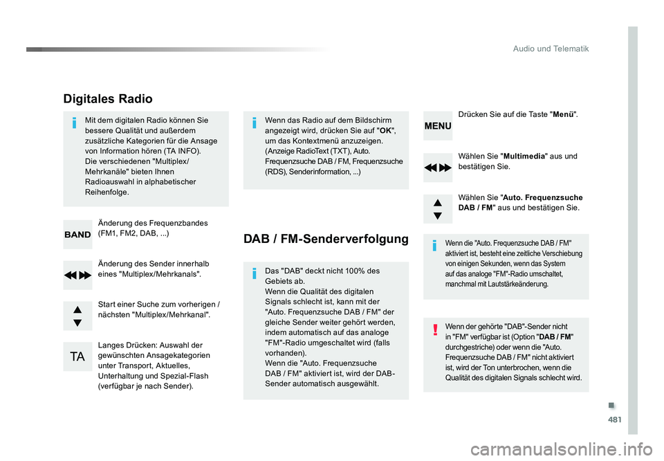 TOYOTA PROACE VERSO 2017  Betriebsanleitungen (in German) .
481
Audio und Telematik
Proace_Verso_de_Chap10d_RD6_ed01-2016
Wählen Sie "Multimedia" aus und 
bestätigen Sie.
Wählen Sie " Auto. Frequenzsuche 
DAB  / FM " aus und bestätigen Si