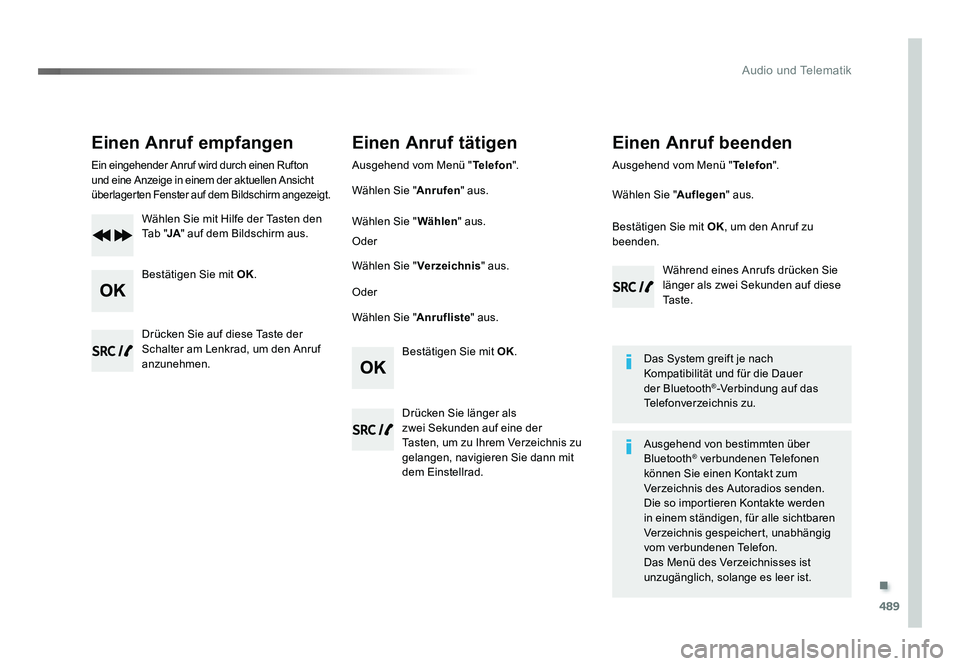 TOYOTA PROACE VERSO 2017  Betriebsanleitungen (in German) .
489
Audio und Telematik
Proace_Verso_de_Chap10d_RD6_ed01-2016
Einen Anruf empfangen
Ein eingehender Anruf wird durch einen Rufton 
und eine Anzeige in einem der aktuellen Ansicht 
überlagerten Fens