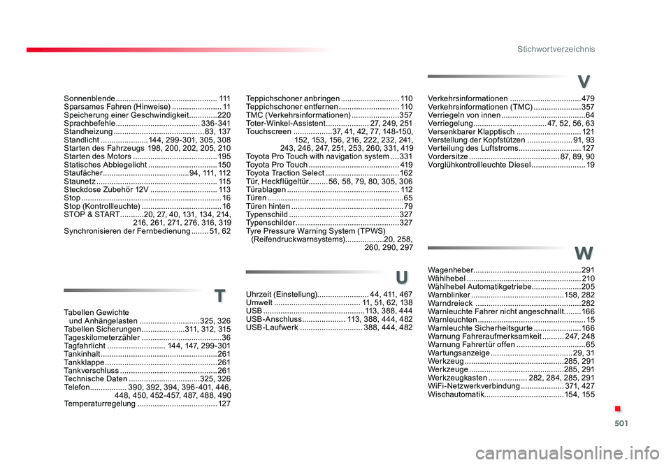 TOYOTA PROACE VERSO 2017  Betriebsanleitungen (in German) 501
.
Stichwortverzeichnis
Proace_Verso_de_Chap11_index-alpha_ed01-2016
Teppichschoner anbringen ...........................11 0
Teppichschoner entfernen  ............................11 0
TMC (Verkehr