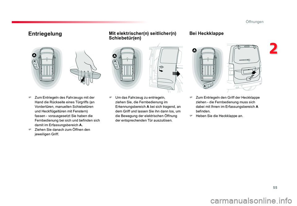 TOYOTA PROACE VERSO 2017  Betriebsanleitungen (in German) 55
2
Öffnungen
Proace_Verso_de_Chap02_ouvertures_ed01-2016
Entriegelung
F  Zum Entriegeln des Fahrzeugs mit der Hand die Rückseite eines Türgriffs (an 
Vordertüren, manuellen Schiebetüren 
und He