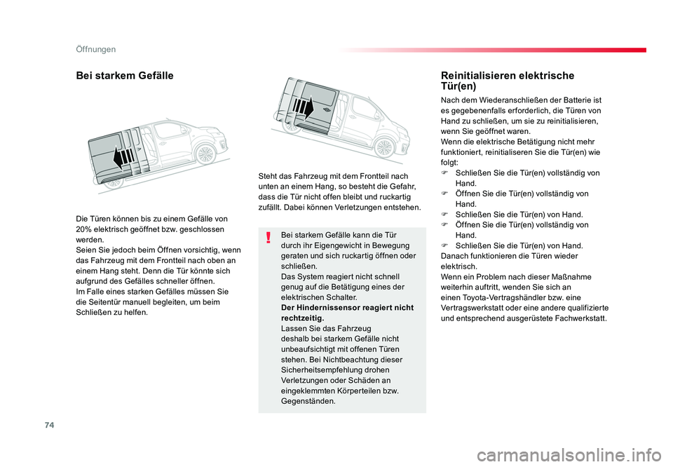 TOYOTA PROACE VERSO 2017 Betriebsanleitungen (in German) 74
Öffnungen
Proace_Verso_de_Chap02_ouvertures_ed01-2016
Bei starkem Gefälle kann die Tür
durch ihr Eigengewicht in Bewegung
geraten und sich ruckartig öffnen oder
schließen.
Das System reagie TOYOTA PROACE VERSO 2017 Betriebsanleitungen (in German) 74
Öffnungen
Proace_Verso_de_Chap02_ouvertures_ed01-2016
Bei starkem Gefälle kann die Tür
durch ihr Eigengewicht in Bewegung
geraten und sich ruckartig öffnen oder
schließen.
Das System reagie