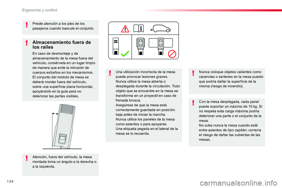 TOYOTA PROACE VERSO 2017 Manual del propietario (in Spanish) 124
ProaceVerso_es_Chap03_ergonomie-et-confort_ed01-2016
Preste atención a los pies de los pasajeros cuando bascule el conjunto.
Una utilización incorrecta de la mesa puede provocar lesiones graves. TOYOTA PROACE VERSO 2017 Manual del propietario (in Spanish) 124
ProaceVerso_es_Chap03_ergonomie-et-confort_ed01-2016
Preste atención a los pies de los pasajeros cuando bascule el conjunto.
Una utilización incorrecta de la mesa puede provocar lesiones graves.