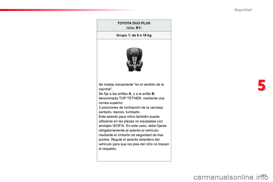 TOYOTA PROACE VERSO 2017  Manual del propietario (in Spanish) 185
ProaceVerso_es_Chap05_securite_ed01-2016
TOYOTA DUO PLUS(talla: B1)
Grupo 1: de 9 a 18 kg
Se instala únicamente "en el sentido de la marcha".Se fija a las anillas A, y a la anilla B, deno
