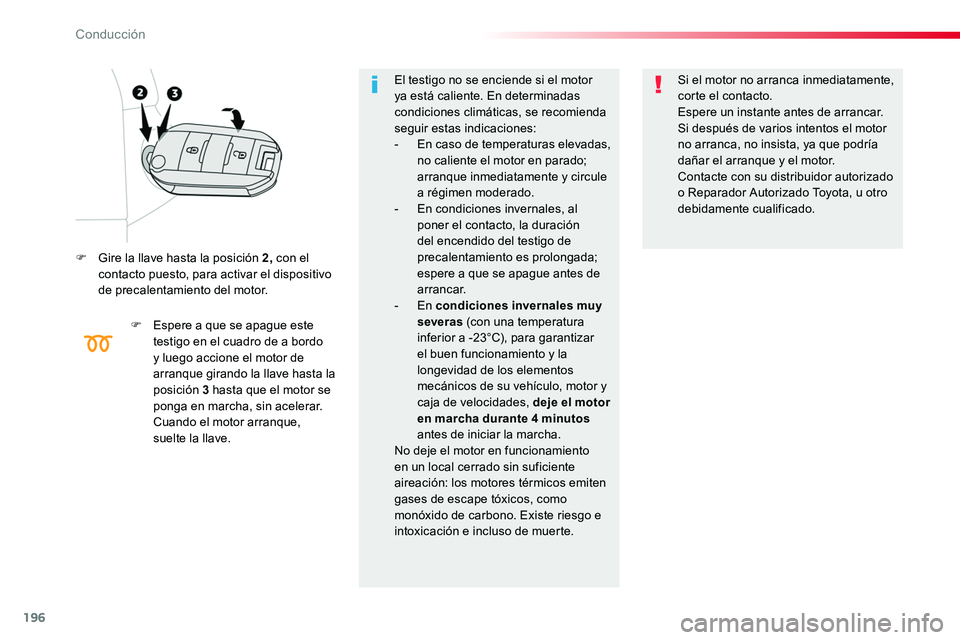 TOYOTA PROACE VERSO 2017 Manual del propietario (in Spanish) 196
ProaceVerso_es_Chap06_conduite_ed01-2016
F Gire la llave hasta la posición 2, con el contacto puesto, para activar el dispositivo de precalentamiento del motor.
F Espere a que se apague este test TOYOTA PROACE VERSO 2017 Manual del propietario (in Spanish) 196
ProaceVerso_es_Chap06_conduite_ed01-2016
F Gire la llave hasta la posición 2, con el contacto puesto, para activar el dispositivo de precalentamiento del motor.
F Espere a que se apague este test