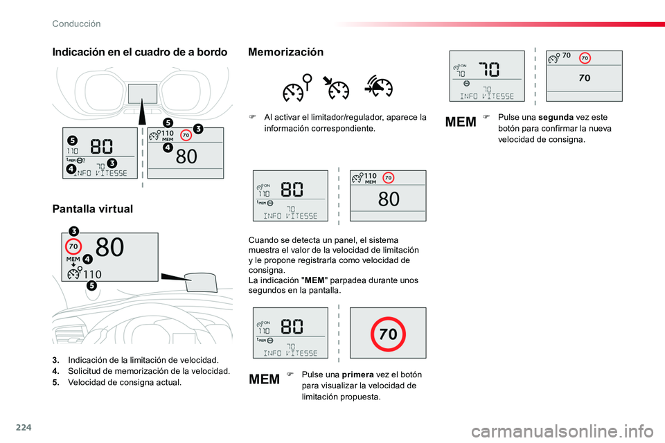 TOYOTA PROACE VERSO 2017  Manual del propietario (in Spanish) 224
MEM
MEM
ProaceVerso_es_Chap06_conduite_ed01-2016
3. Indicación de la limitación de velocidad.4. Solicitud de memorización de la velocidad.5.  Velocidad de consigna actual.
Indicación en el cua