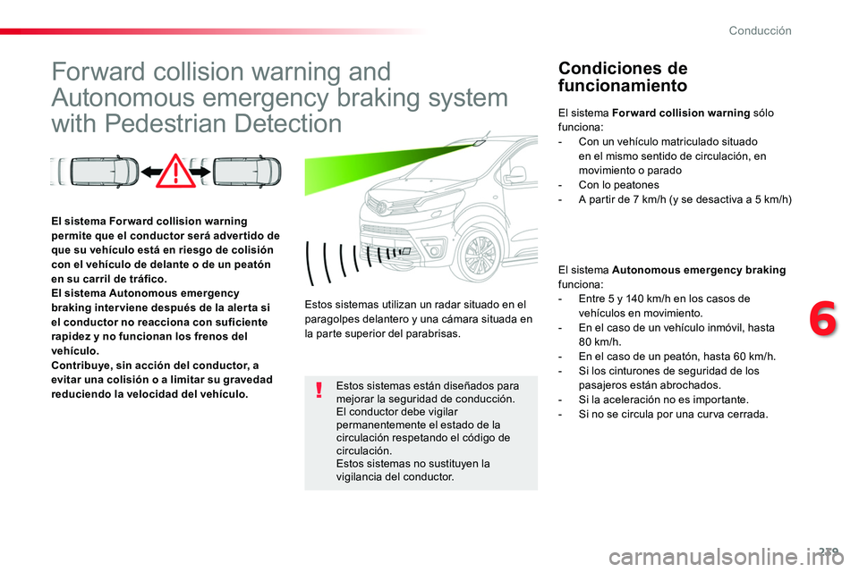 TOYOTA PROACE VERSO 2017 Manual del propietario (in Spanish) 239
ProaceVerso_es_Chap06_conduite_ed01-2016
Forward collision warning and
Autonomous emergency braking system
with Pedestrian Detection
Condiciones de
funcionamiento
El sistema Autonomous emergenc TOYOTA PROACE VERSO 2017 Manual del propietario (in Spanish) 239
ProaceVerso_es_Chap06_conduite_ed01-2016
Forward collision warning and
Autonomous emergency braking system
with Pedestrian Detection
Condiciones de
funcionamiento
El sistema Autonomous emergenc