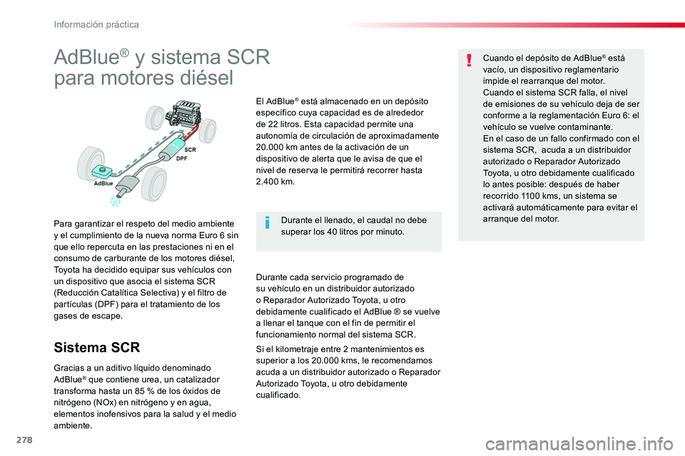 TOYOTA PROACE VERSO 2017 Manual del propietario (in Spanish) 278
ProaceVerso_es_Chap07_info-pratiques_ed01-2016
AdBlue® y sistema SCR
para motores diésel
Para garantizar el respeto del medio ambiente y el cumplimiento de la nueva norma Euro 6 sin que ello rep TOYOTA PROACE VERSO 2017 Manual del propietario (in Spanish) 278
ProaceVerso_es_Chap07_info-pratiques_ed01-2016
AdBlue® y sistema SCR
para motores diésel
Para garantizar el respeto del medio ambiente y el cumplimiento de la nueva norma Euro 6 sin que ello rep