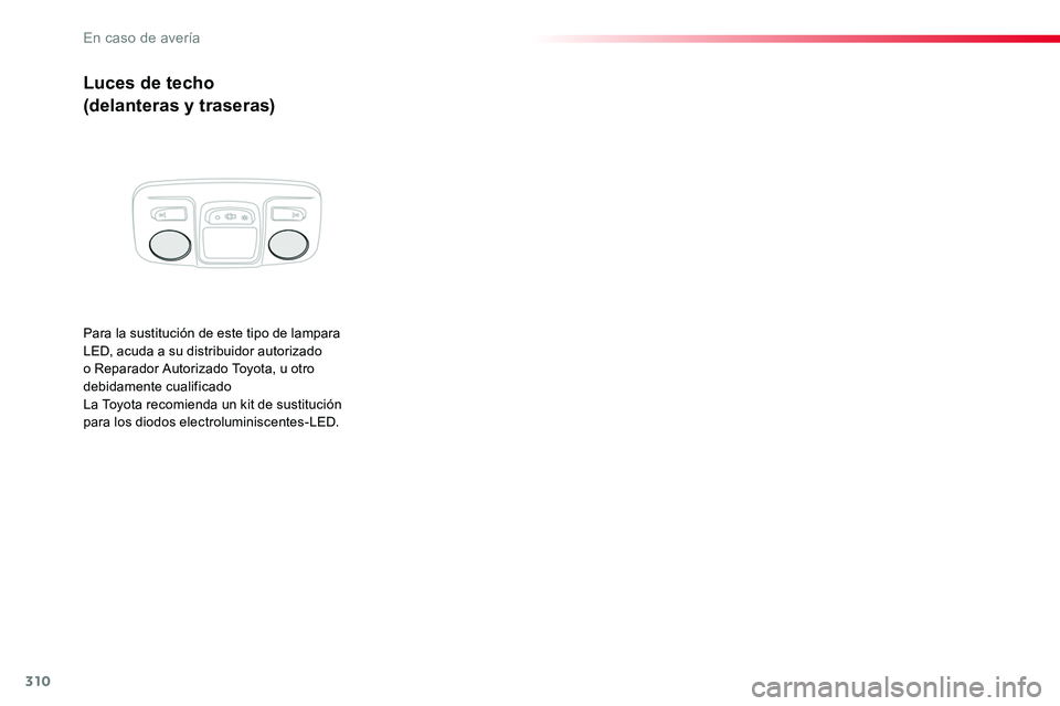 TOYOTA PROACE VERSO 2017  Manual del propietario (in Spanish) 310
ProaceVerso_es_Chap08_En-cas-de-panne_ed01-2016
Luces de techo
(delanteras y traseras)
Para la sustitución de este tipo de lampara LED, acuda a su distribuidor autorizado o Reparador Autorizado T