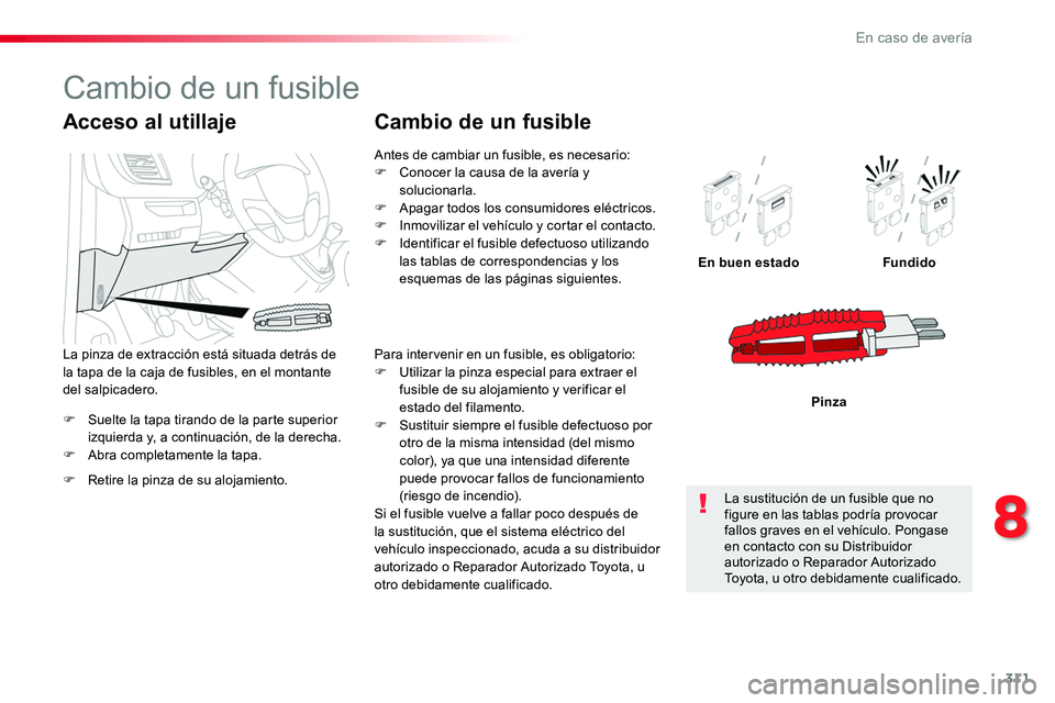 TOYOTA PROACE VERSO 2017 Manual del propietario (in Spanish) 311
ProaceVerso_es_Chap08_En-cas-de-panne_ed01-2016
F Suelte la tapa tirando de la parte superior izquierda y, a continuación, de la derecha.F Abra completamente la tapa.
En buen estadoFundido
Pinza
TOYOTA PROACE VERSO 2017 Manual del propietario (in Spanish) 311
ProaceVerso_es_Chap08_En-cas-de-panne_ed01-2016
F Suelte la tapa tirando de la parte superior izquierda y, a continuación, de la derecha.F Abra completamente la tapa.
En buen estadoFundido
Pinza