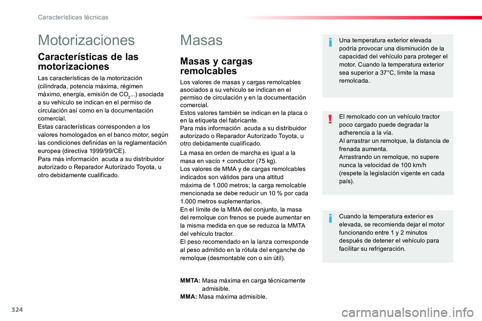 TOYOTA PROACE VERSO 2017 Manual del propietario (in Spanish) 324
ProaceVerso_es_Chap09_caracteristiques-techniques_ed01-2016
Motorizaciones
Características de las
motorizaciones
Las características de la motorización (cilindrada, potencia máxima, régimen TOYOTA PROACE VERSO 2017 Manual del propietario (in Spanish) 324
ProaceVerso_es_Chap09_caracteristiques-techniques_ed01-2016
Motorizaciones
Características de las
motorizaciones
Las características de la motorización (cilindrada, potencia máxima, régimen