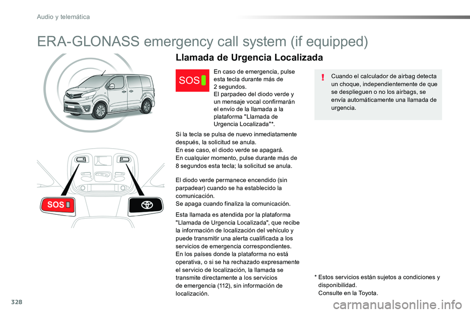 TOYOTA PROACE VERSO 2017 Manual del propietario (in Spanish) 328
ProaceVerso_es_Chap10a_BTA_ed01-2016
ERA-GLONASS emergency call system (if equipped)
Cuando el calculador de airbag detecta un choque, independientemente de que se desplieguen o no los airbags, se TOYOTA PROACE VERSO 2017 Manual del propietario (in Spanish) 328
ProaceVerso_es_Chap10a_BTA_ed01-2016
ERA-GLONASS emergency call system (if equipped)
Cuando el calculador de airbag detecta un choque, independientemente de que se desplieguen o no los airbags, se
