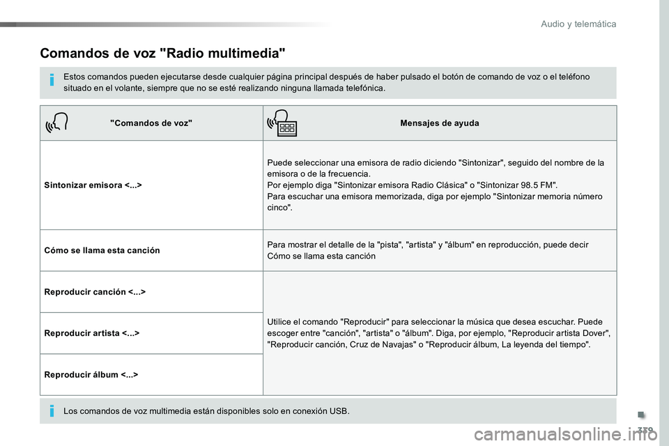 TOYOTA PROACE VERSO 2017 Manual del propietario (in Spanish) 339
ProaceVerso_es_Chap10b_NAC-1_ed01-2016
Comandos de voz "Radio multimedia"
Estos comandos pueden ejecutarse desde cualquier página principal después de haber pulsado el botón de comando TOYOTA PROACE VERSO 2017 Manual del propietario (in Spanish) 339
ProaceVerso_es_Chap10b_NAC-1_ed01-2016
Comandos de voz "Radio multimedia"
Estos comandos pueden ejecutarse desde cualquier página principal después de haber pulsado el botón de comando