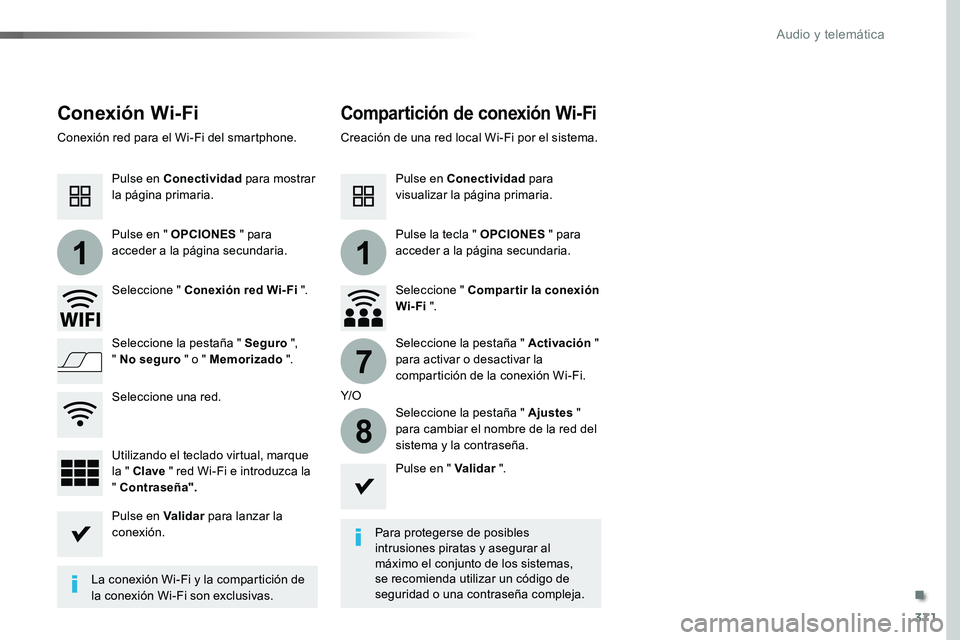 TOYOTA PROACE VERSO 2017  Manual del propietario (in Spanish) 371
11
7
8
ProaceVerso_es_Chap10b_NAC-1_ed01-2016
Conexión Wi-FiCompartición de conexión Wi-Fi
Para protegerse de posibles intrusiones piratas y asegurar al máximo el conjunto de los sistemas, se 