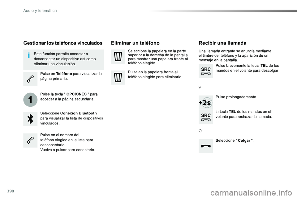 TOYOTA PROACE VERSO 2017  Manual del propietario (in Spanish) 398
1
ProaceVerso_es_Chap10b_NAC-1_ed01-2016
Recibir una llamada
Una llamada entrante se anuncia mediante el timbre del teléfono y la aparición de un mensaje en la pantalla.
Pulse brevemente la tecl