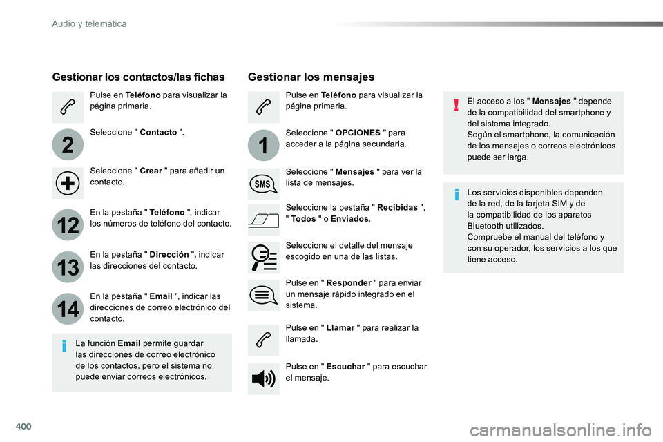 TOYOTA PROACE VERSO 2017  Manual del propietario (in Spanish) 400
2
12
13
14
1
ProaceVerso_es_Chap10b_NAC-1_ed01-2016
El acceso a los " Mensajes " depende de la compatibilidad del smartphone y del sistema integrado.Según el smartphone, la comunicación 