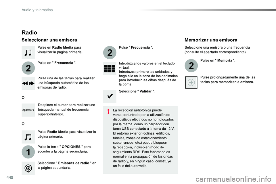 TOYOTA PROACE VERSO 2017 Manual del propietario (in Spanish) 440
1
2
2
2
ProaceVerso_es_Chap10c_RCC-1_ed01-2016
Pulse en Radio Media para visualizar la página primaria.
Pulse la tecla " OPCIONES " para acceder a la página secundaria.
Pulse en " Fr TOYOTA PROACE VERSO 2017 Manual del propietario (in Spanish) 440
1
2
2
2
ProaceVerso_es_Chap10c_RCC-1_ed01-2016
Pulse en Radio Media para visualizar la página primaria.
Pulse la tecla " OPCIONES " para acceder a la página secundaria.
Pulse en " Fr