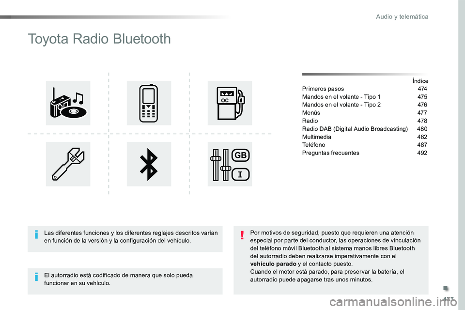 TOYOTA PROACE VERSO 2017  Manual del propietario (in Spanish) 473
ProaceVerso_es_Chap10d_RD6_ed01-2016
Toyota Radio Bluetooth
ÍndicePrimeros pasos  474
Mandos en el volante - Tipo 1  475
Mandos en el volante - Tipo 2 476
Menús 477
Radio  478
Radio DAB (Digital