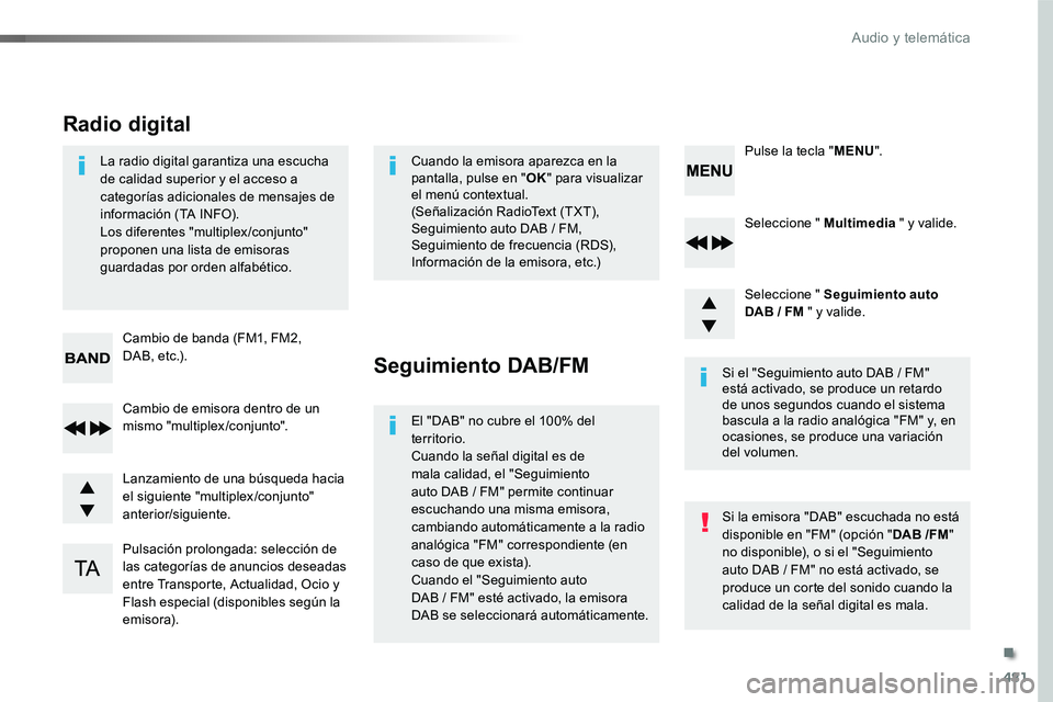 TOYOTA PROACE VERSO 2017  Manual del propietario (in Spanish) 481
ProaceVerso_es_Chap10d_RD6_ed01-2016
Seleccione " Multimedia " y valide.
Seleccione " Seguimiento auto DAB / FM " y valide.
Pulsación prolongada: selección de las categorías de 