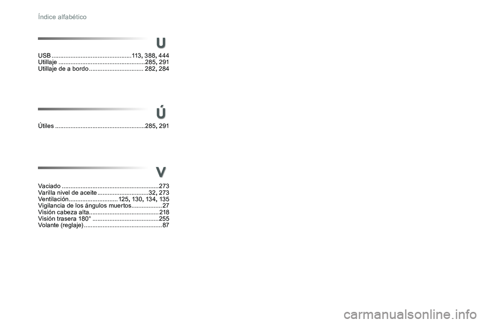 TOYOTA PROACE VERSO 2017  Manual del propietario (in Spanish) ProaceVerso_es_Chap11_index-alpha_ed01-2016
U
Ú
USB ...............................................113, 388, 444Utillaje ...................................................285, 291Utillaje de a bordo