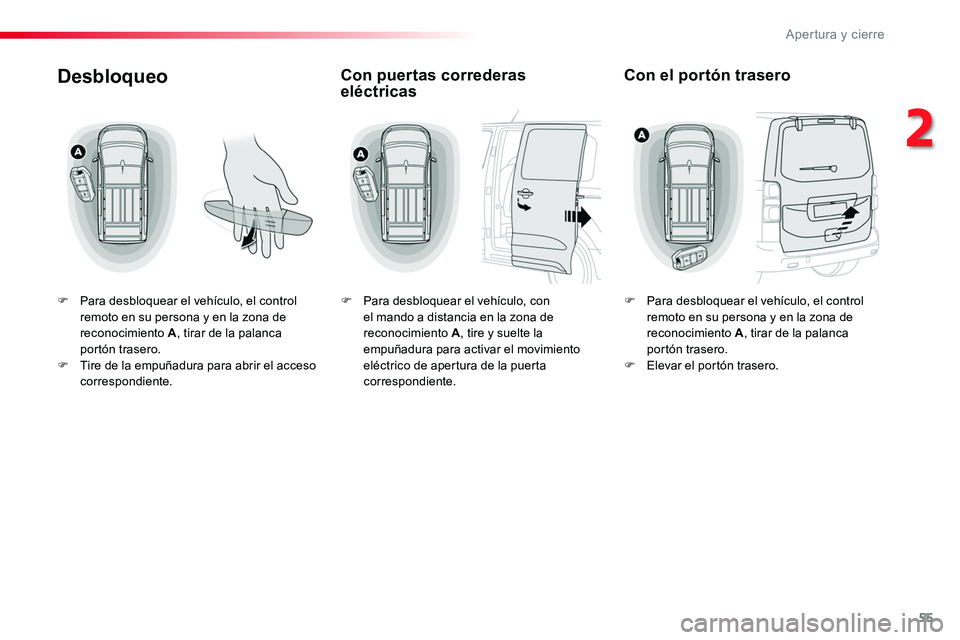 TOYOTA PROACE VERSO 2017  Manual del propietario (in Spanish) 55
ProaceVerso_es_Chap02_ouvertures_ed01-2016
Desbloqueo
F Para desbloquear el vehículo, el control remoto en su persona y en la zona de reconocimiento A, tirar de la palanca portón trasero.F Tire d