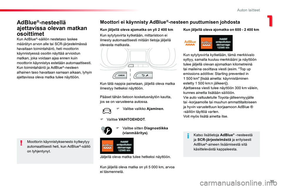 TOYOTA PROACE VERSO 2016 Omistajan Käsikirja (in Finnish) 33
ProaceVerso_fi_Chap01_instruments-de-bord_ed01-2016
AdBlue®-nesteellä
ajettavissa olevan matkan
osoittimetKun AdBlue®-säiliön nestetaso laskee määrätyn arvon alle tai SCR-järjestelmäss TOYOTA PROACE VERSO 2016 Omistajan Käsikirja (in Finnish) 33
ProaceVerso_fi_Chap01_instruments-de-bord_ed01-2016
AdBlue®-nesteellä
ajettavissa olevan matkan
osoittimetKun AdBlue®-säiliön nestetaso laskee määrätyn arvon alle tai SCR-järjestelmäss