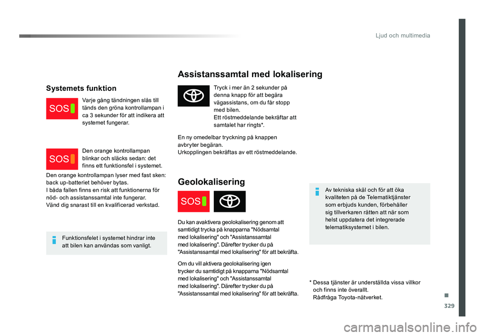 TOYOTA PROACE VERSO 2017  Bruksanvisningar (in Swedish) .
329
Ljud och multimedia
Spacetourer-VP_sv_Chap10a_BTA_ed01-2016
Assistanssamtal med lokalisering
Av tekniska skäl och för att öka 
kvaliteten på de Telematiktjänster 
som erbjuds kunden, förbe