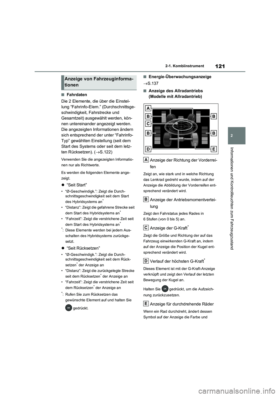 TOYOTA RAV4 2023 Betriebsanleitungen (in German) 121
2 2-1. Kombiinstrument
Informationen und Kontrollleuchten zum Fahrzeugzustand
■Fahrdaten
Die 2 Elemente, die über die Einstel-
lung “Fahrinfo-Elem.” (Durchschnittsge-
schwindigkeit, Fahrstr TOYOTA RAV4 2023 Betriebsanleitungen (in German) 121
2 2-1. Kombiinstrument
Informationen und Kontrollleuchten zum Fahrzeugzustand
■Fahrdaten
Die 2 Elemente, die über die Einstel-
lung “Fahrinfo-Elem.” (Durchschnittsge-
schwindigkeit, Fahrstr