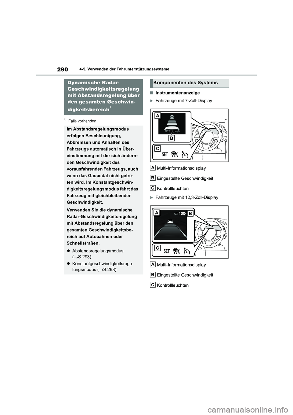 TOYOTA RAV4 2023 Betriebsanleitungen (in German) 2904-5. Verwenden der Fahrunterstützungssysteme
*: Falls vorhanden
■Instrumentenanzeige
Fahrzeuge mit 7-Zoll-Display
Multi-Informationsdisplay
Eingestellte Geschwindigkeit
Kontrollleuchten
Fa TOYOTA RAV4 2023 Betriebsanleitungen (in German) 2904-5. Verwenden der Fahrunterstützungssysteme
*: Falls vorhanden
■Instrumentenanzeige
Fahrzeuge mit 7-Zoll-Display
Multi-Informationsdisplay
Eingestellte Geschwindigkeit
Kontrollleuchten
Fa