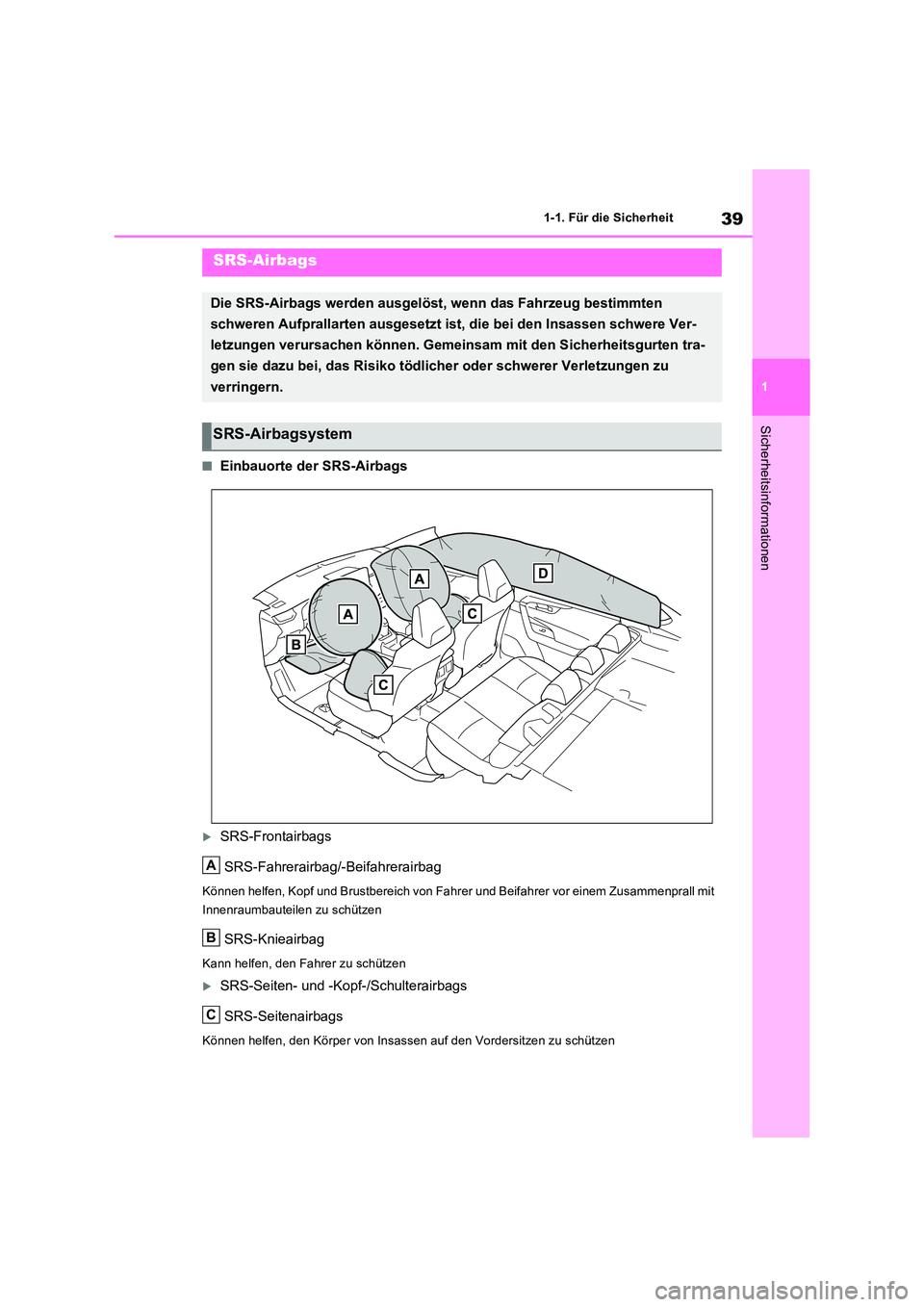 TOYOTA RAV4 2023  Betriebsanleitungen (in German) 39
1 
1-1. Für die Sicherheit
Sicherheitsinformationen
■Einbauorte der SRS-Airbags
SRS-Frontairbags 
SRS-Fahrerairbag/-Beifahrerairbag
Können helfen, Kopf und Brustbereich von Fahr er und Beifa