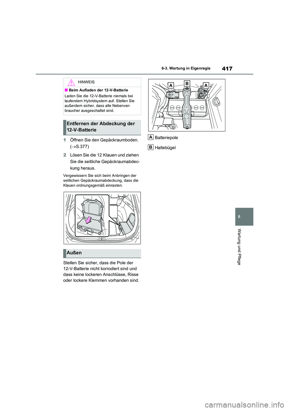 TOYOTA RAV4 2023  Betriebsanleitungen (in German) 417
6 
6-3. Wartung in Eigenregie
Wartung und Pflege
1 Öffnen Sie den Gepäckraumboden.  
( S.377) 
2 Lösen Sie die 12 Klauen und ziehen  
Sie die seitliche Gepäckraumabdec- 
kung heraus.
Vergew