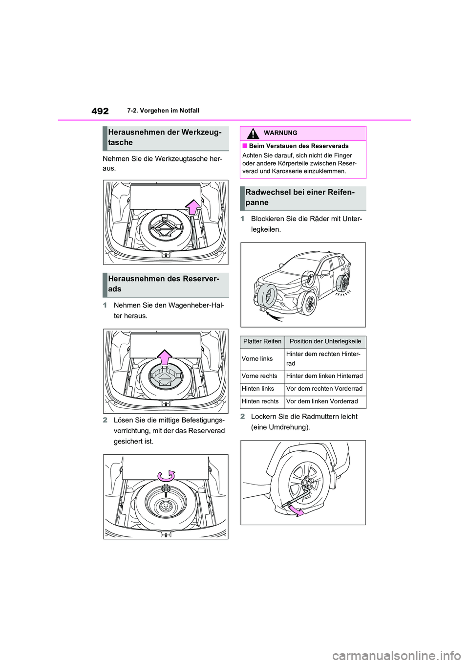 TOYOTA RAV4 2023  Betriebsanleitungen (in German) 4927-2. Vorgehen im Notfall
Nehmen Sie die Werkzeugtasche her- 
aus. 
1 Nehmen Sie den Wagenheber-Hal- 
ter heraus. 
2 Lösen Sie die mittige Befestigungs- 
vorrichtung, mit der das Reserverad  
gesic