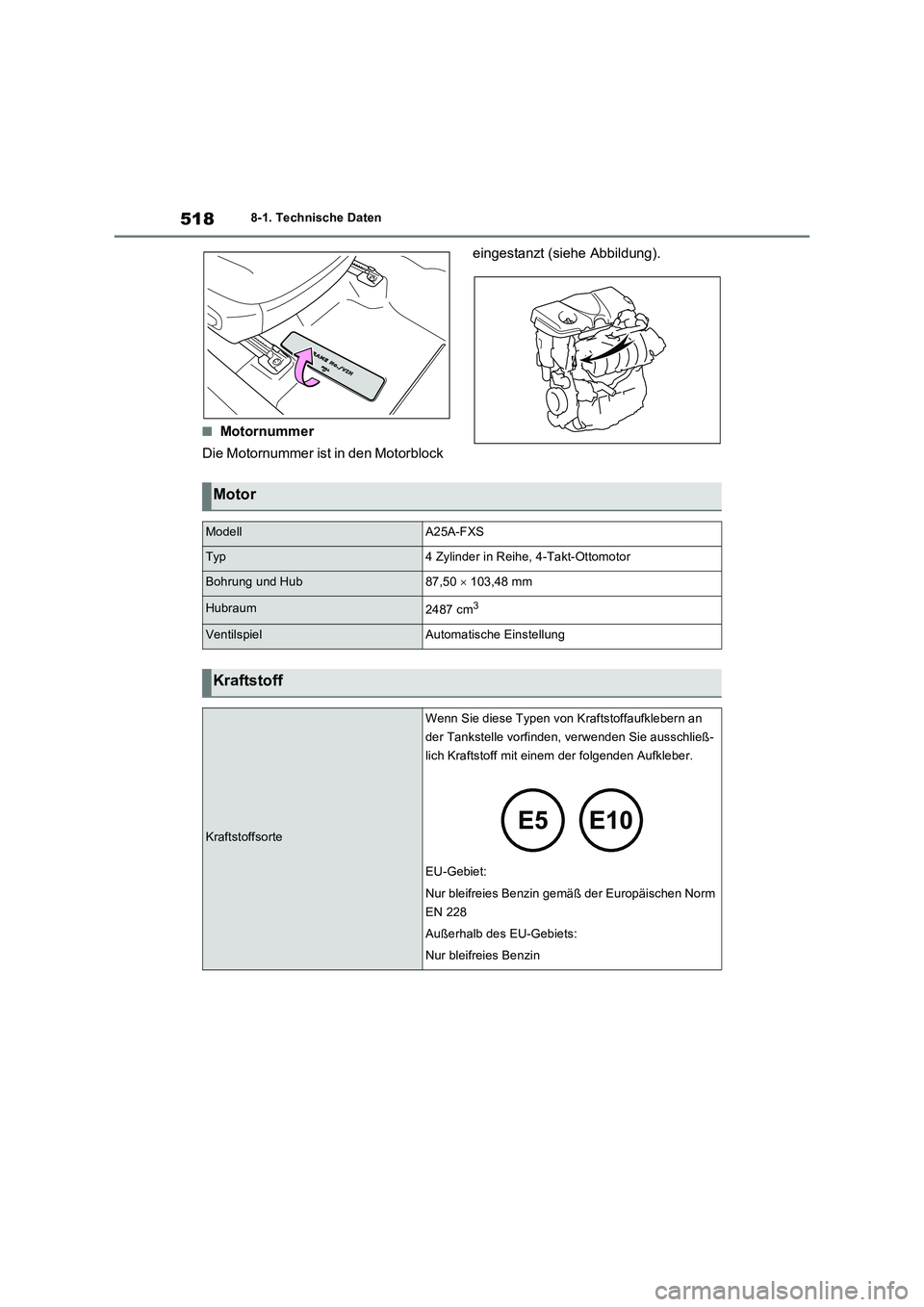 TOYOTA RAV4 2023  Betriebsanleitungen (in German) 5188-1. Technische Daten
■Motornummer 
Die Motornummer ist in den Motorblock  
eingestanzt (siehe Abbildung).
Motor
ModellA25A-FXS
Typ4 Zylinder in Reihe, 4-Takt-Ottomotor
Bohrung und Hub87,50   